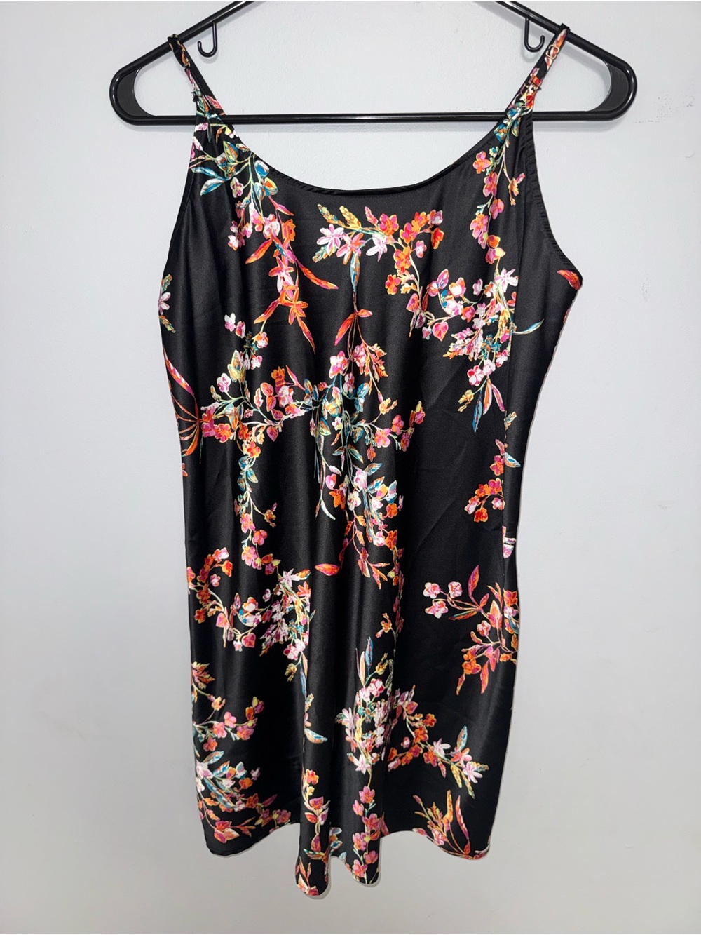 Black Floral Slip Mini Dress with Pink & Orange Blooms